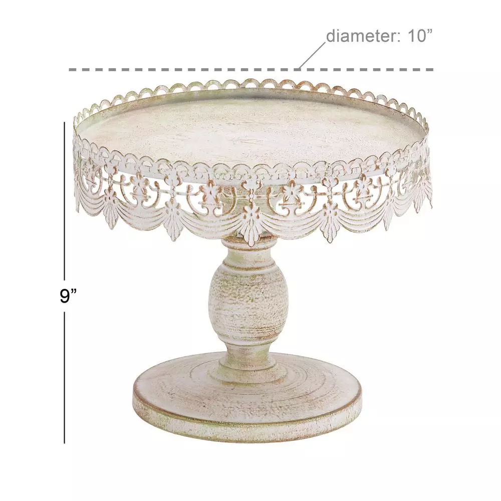 LITTON LANE 10 in. Round Whitewashed and Rust Brown Iron Cake Stand with Pierced Floral Bunting