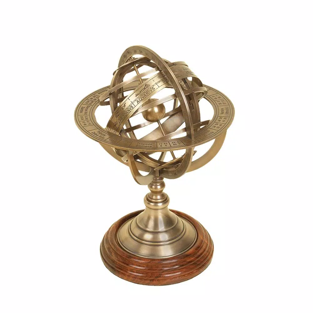 LITTON LANE Nautical Brass Armillary Sphere with Cherry Wood Finish Stand