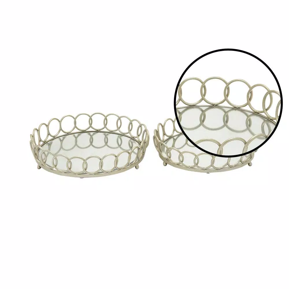 LITTON LANE Modern Reflections Silver Round Mirror Ring Trays, Set of 2