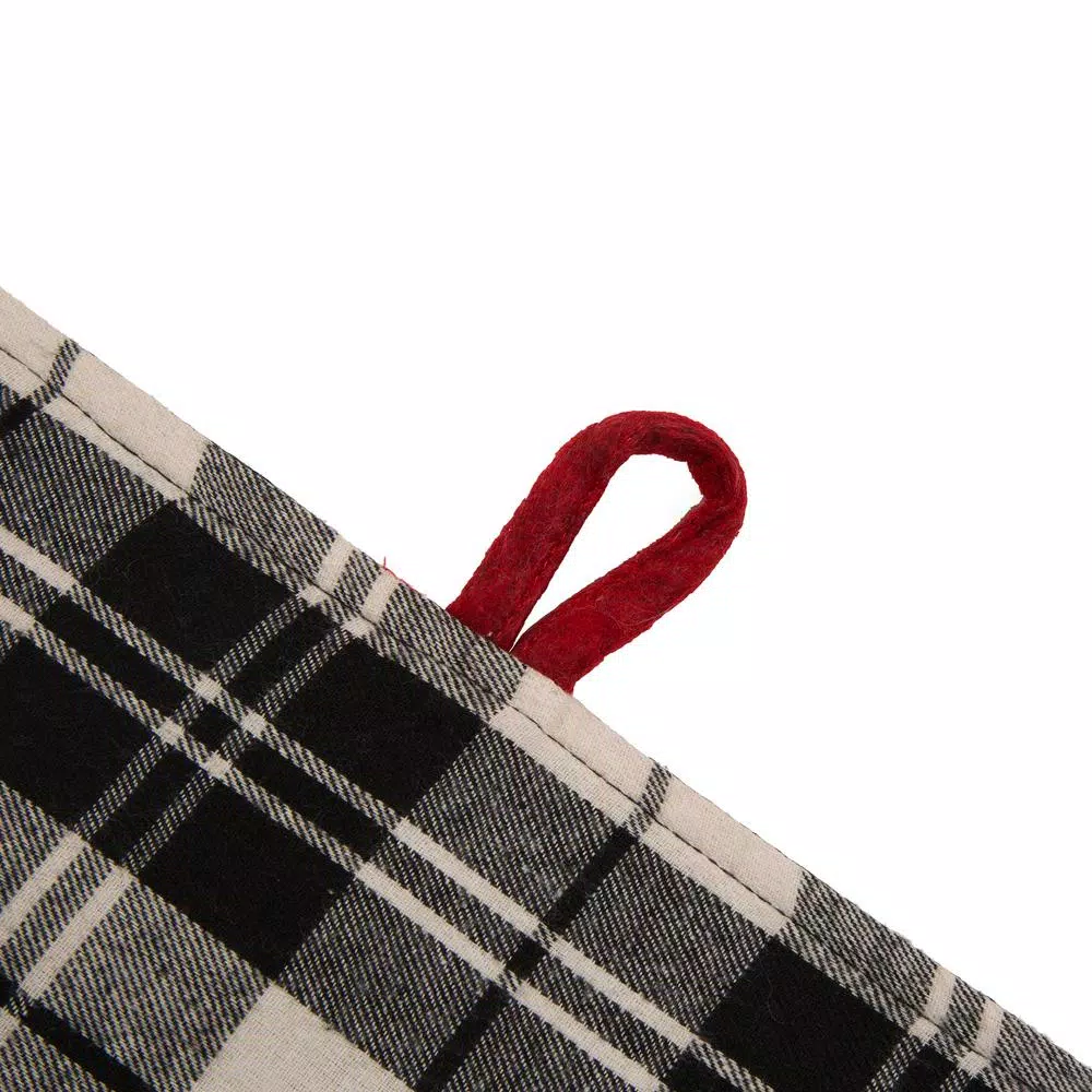 Glitzhome 48 in. Black and White Plaid Fabric Christmas Tree Skirt with Red Trim