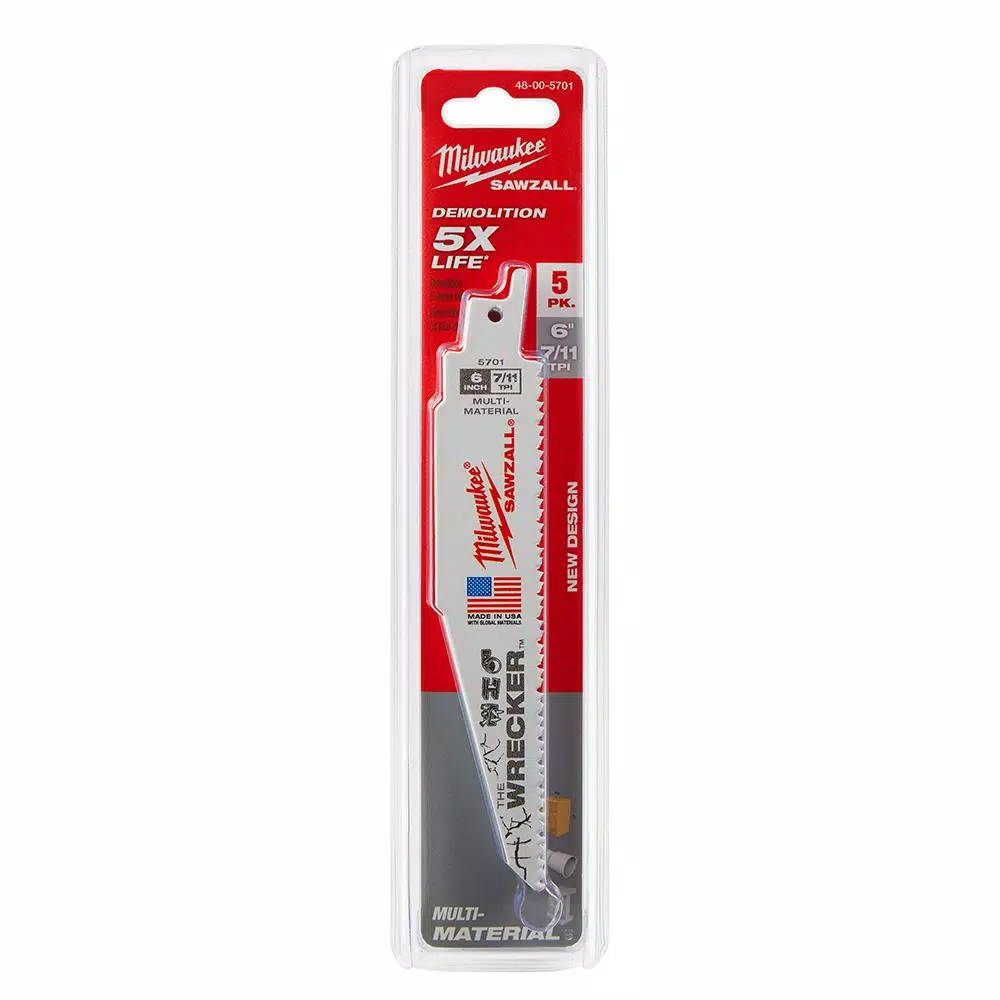 Milwaukee WRECKER 6 in. Multi-Material Demolition Reciprocating Saw Blades, 7/11 TPI (5 Pack)