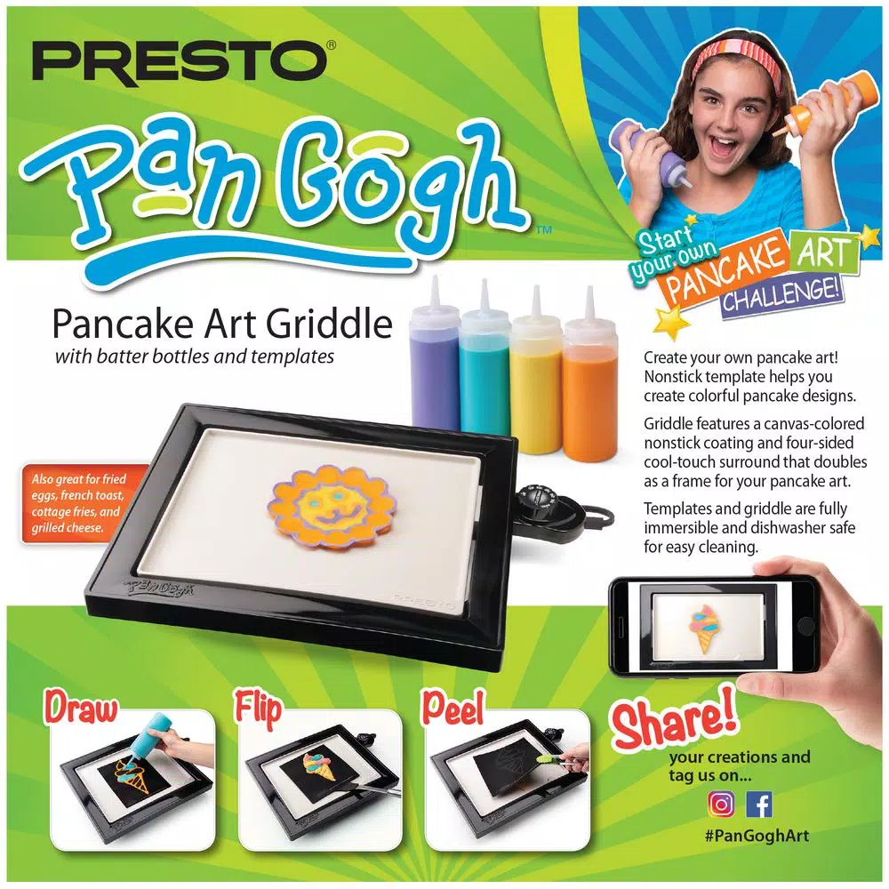Presto PanGogh Electric Griddle Pancake Art Kit, 112.5 sq. in. Non-Stick Square Griddle with Batter Bottles
