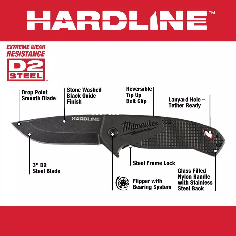 Milwaukee Hardline 3 in. D2 Steel Smooth Blade Folding Pocket Knife