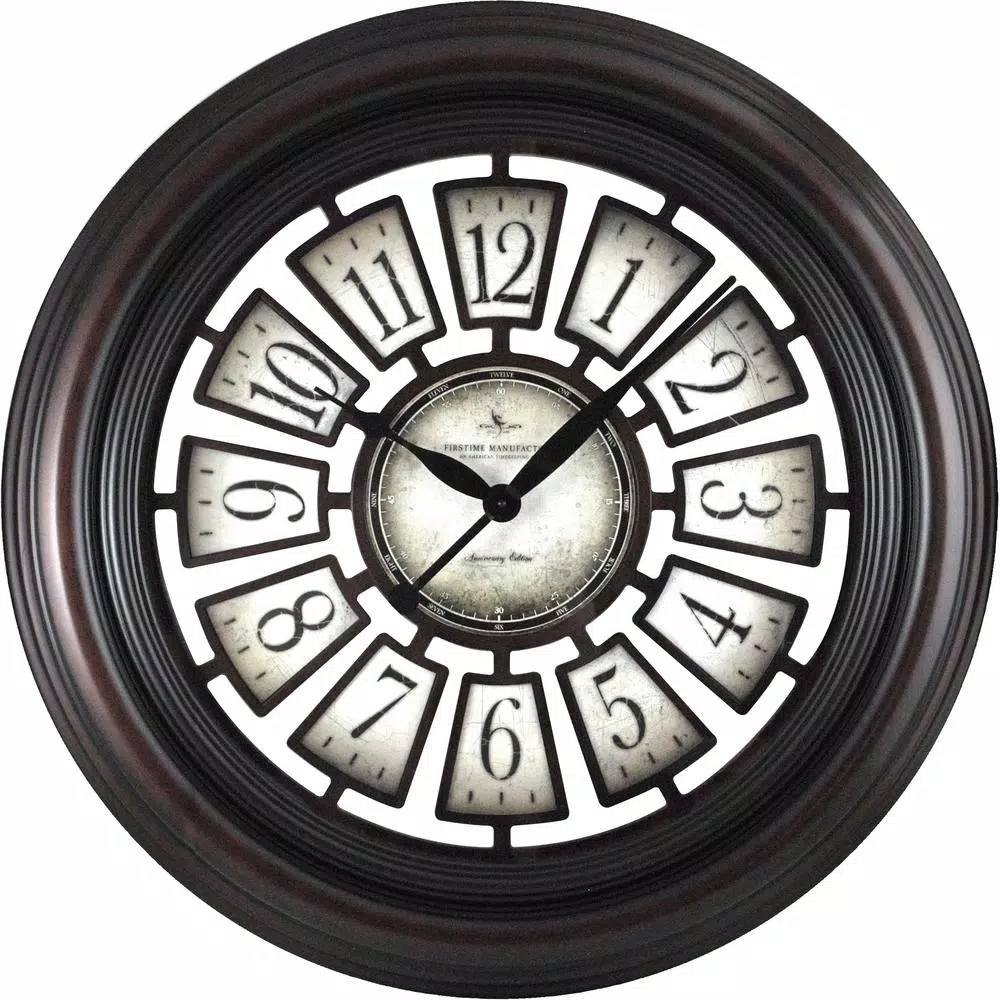 FirsTime Majestic 29 in. Round Hollow Wall Clock, Aged Espresso Brown