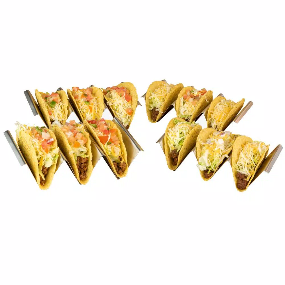 TACO TUESDAY Stainless Steel Rectangular Taco Holder Trays, 8.25 in. (Set of 4)