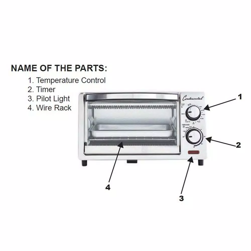Continental Electric 1000W 4-Slice White Toaster Oven with 60-Minute Timer, Bake & Broil