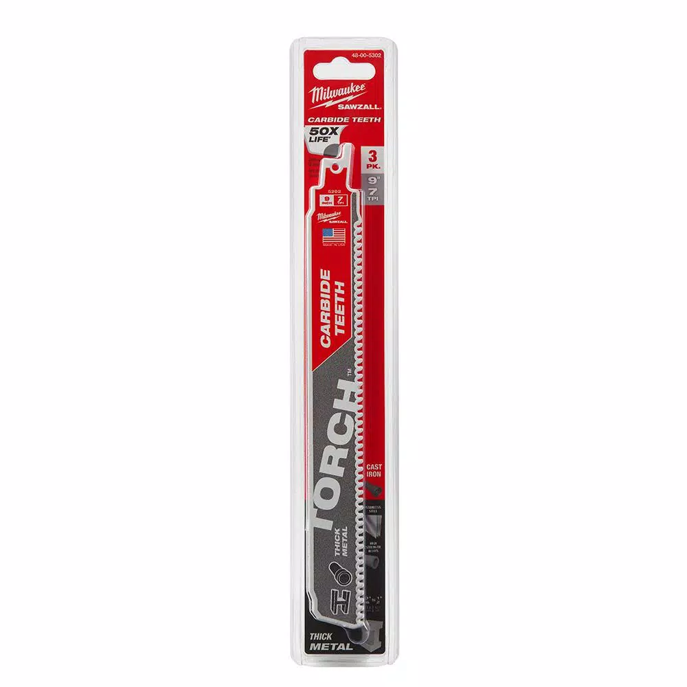 Milwaukee TORCH 9 in. Carbide Teeth Reciprocating Saw Blades, 7 TPI for Thick Metal Cutting (3 Pack)