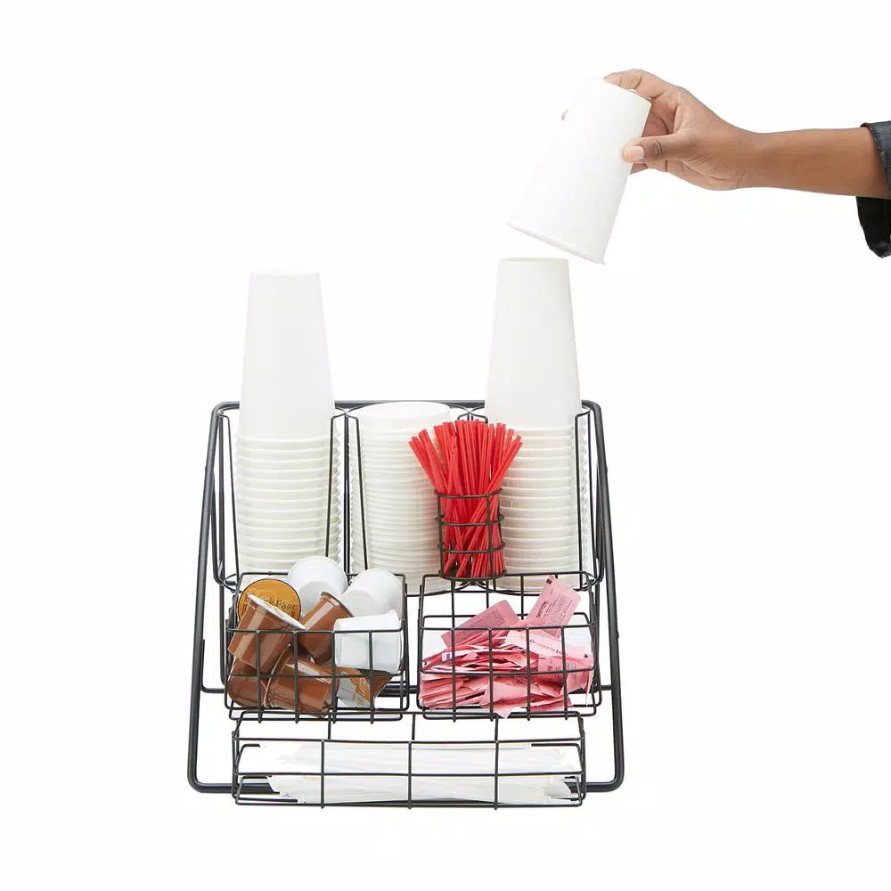 Mind Reader Black Steel Coffee Condiment Organizer - 8 Compartment Breakroom Caddy & Cup Lid Holder