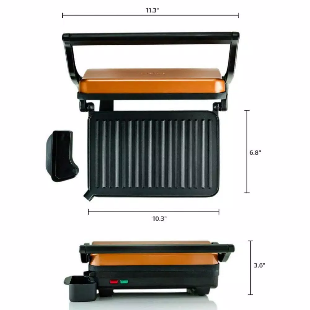 Ovente 1000W Copper Electric Panini Press Grill, 2-Slice Sandwich Maker with Drip Tray