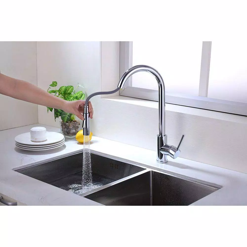 Vanity Art Chrome Single-Handle Pull-Down Kitchen Faucet with 360° Swivel Spout
