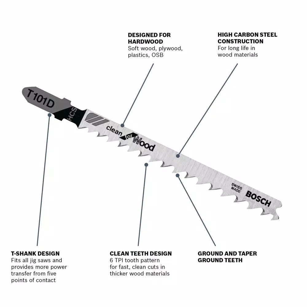 Bosch 4 in. High Carbon Steel T-Shank Jig Saw Blades for Wood, 6 Teeth (5-Pack)