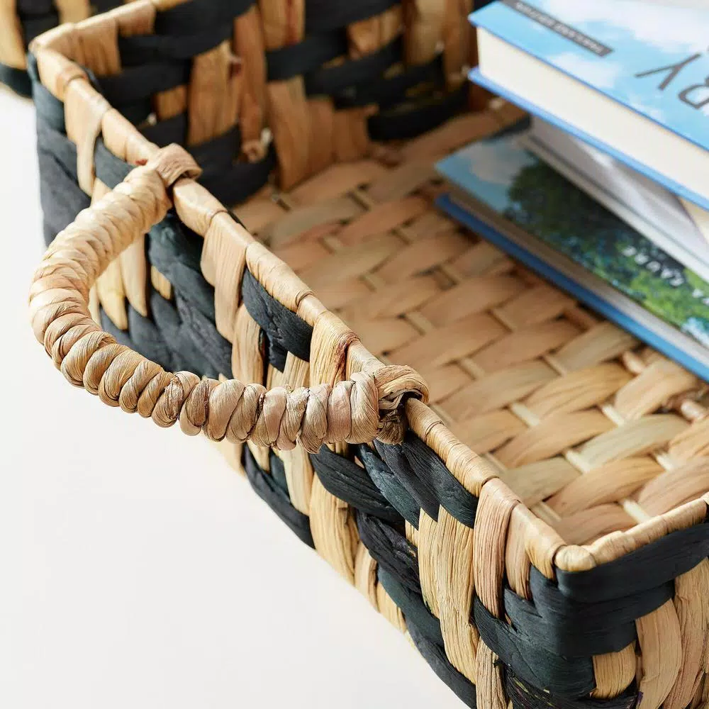 Home Decorators Collection Black and Natural Water Hyacinth Wicker Tray Set, 3-Piece Rectangle