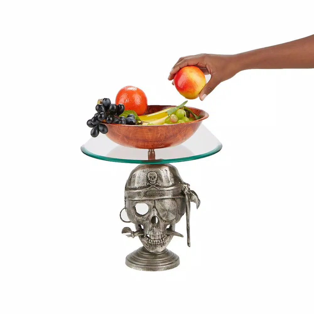 Mind Reader The Mind Reader 12 in. Silver Iron Pirate Head Cake Stand with Glass Top