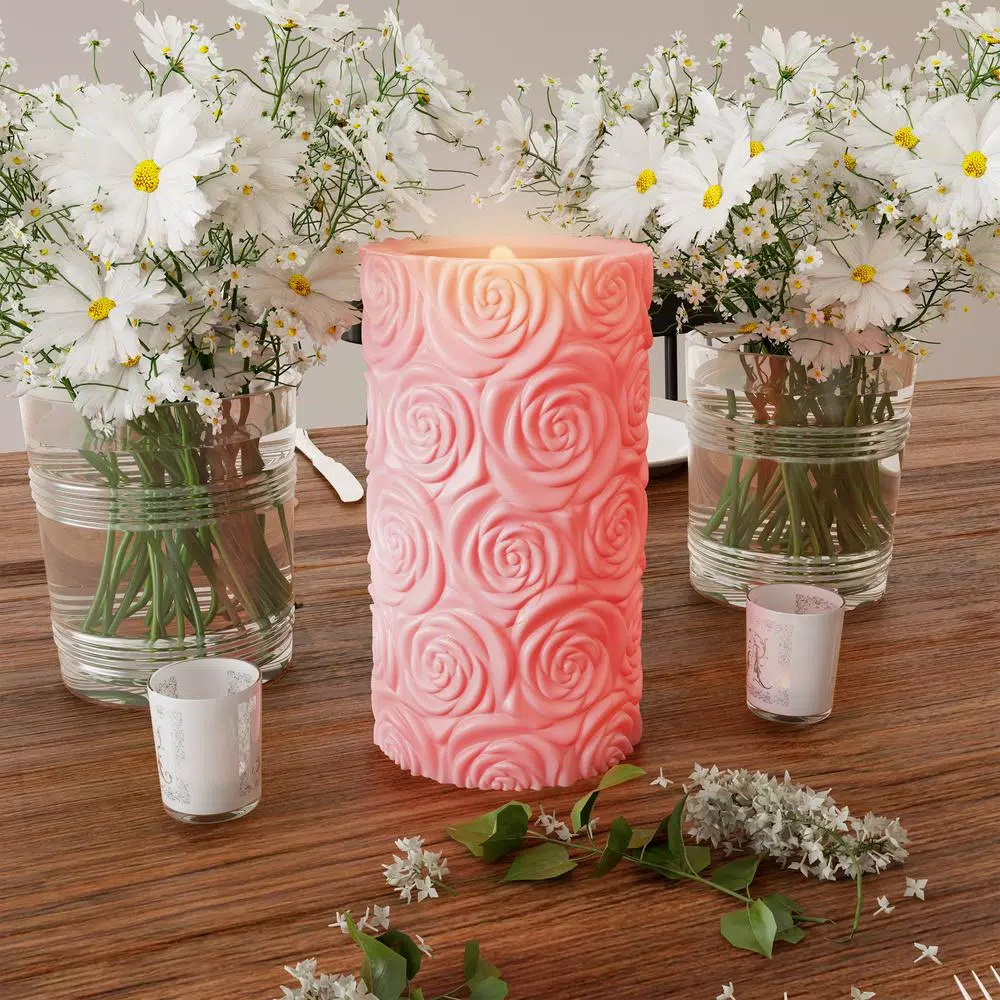 Lavish Home Rose Embossed LED Flameless Candle with Remote Control, Pink Real Wax