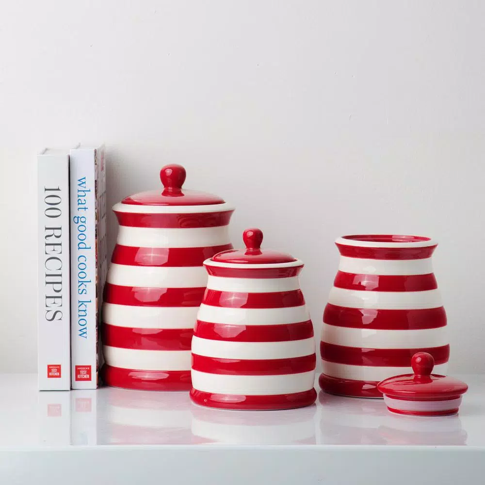HOME ESSENTIALS AND BEYOND 95 oz. Red and White Striped Ceramic Kitchen Canister with Airtight Lid