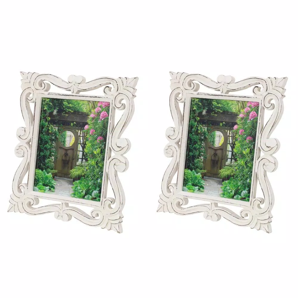 LITTON LANE 8x10 Hand-Carved Mango Wood Picture Frame - Antique Whitewash Rectangular Tabletop Frame