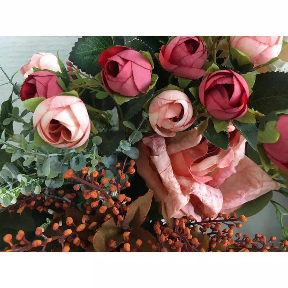 Glitzhome 26 in. Artificial Green Wreath with Roses, Eucalyptus, and Lambs Ear