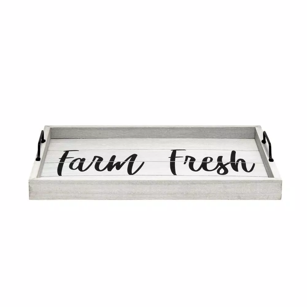 Elegant Designs Farm Fresh Gray Wash Decorative Wood Serving Tray with Black Metal Handles