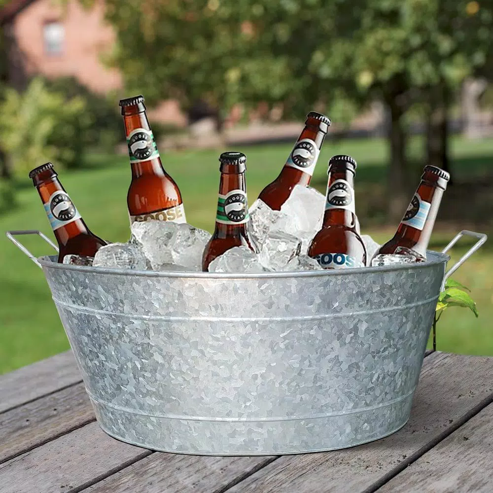 Benjara 1.1 Gal. Oval Galvanized Steel Embossed Tub with Side Handles, Silver