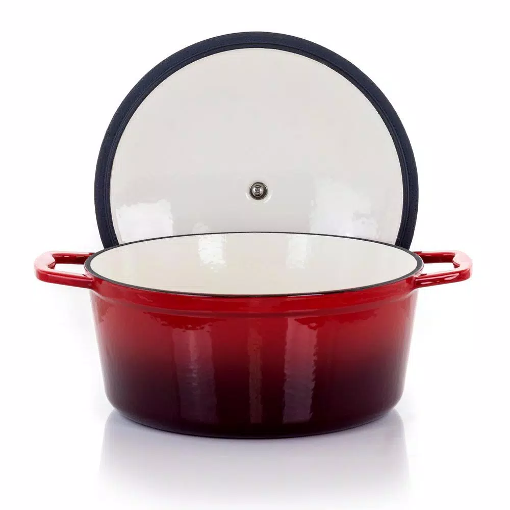 MegaChef 4 Qt. Round Enameled Cast Iron Casserole Dish with Lid, Red