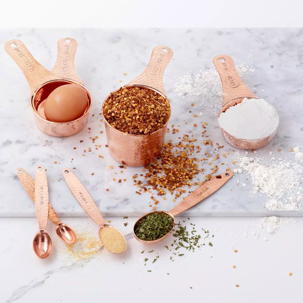 Old Dutch Solid Copper Measuring Cups and Spoons Set, 8-Piece Hammered Finish