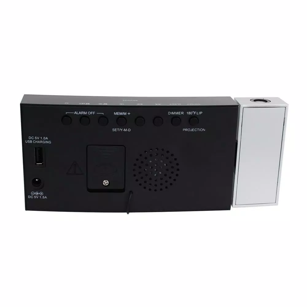 Jensen JCR-238 Digital Dual Alarm Projection Clock Radio with USB Charging Port, Black and Silver