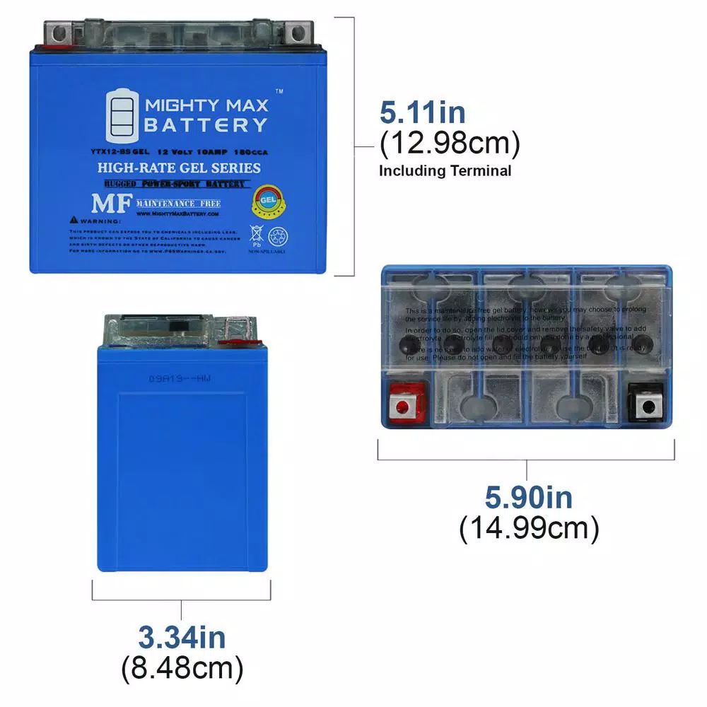 MIGHTY MAX BATTERY Mighty Max YTX12-BS 12V 10Ah 180 CCA Gel Rechargeable Sealed Lead Acid (SLA) Powersport Battery