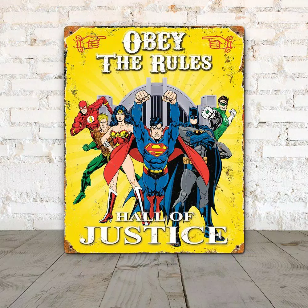 Party Animal, Inc. Justice League Embossed Metal Sign - Vintage Style Superhero Wall Decor
