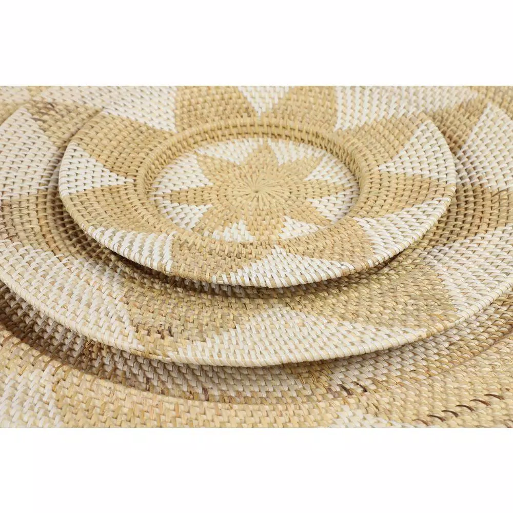 LITTON LANE Set of 3 Round Palm Wicker Basket Wall Trays - Beige and White Floral Star Design