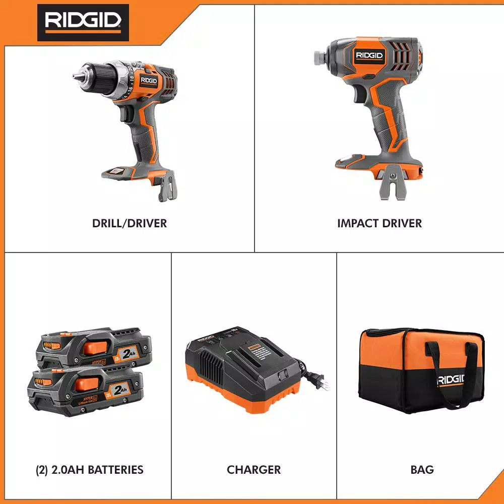 RIDGID 18V Lithium-Ion Cordless Drill/Driver and Impact Driver 2-Tool Combo Kit