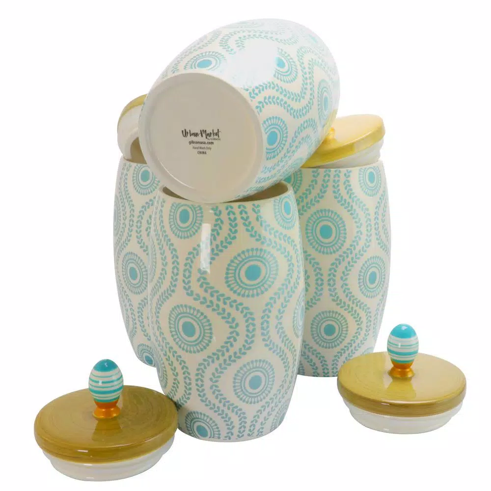 Urban Market Life On the Farm 4-Piece Durastone Kitchen Canister Set with Lids, Blue Abstract Design