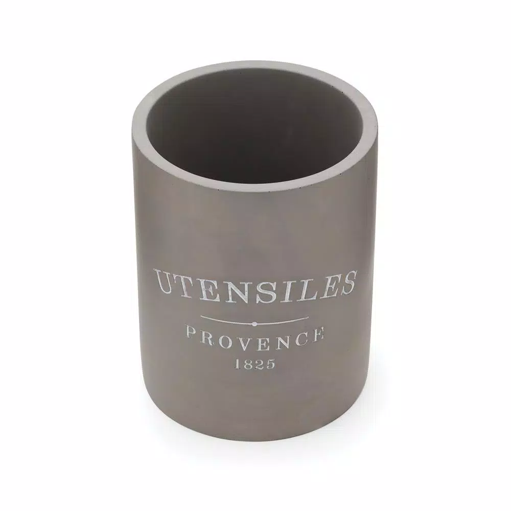 Fox Run 7 in. Slate Grey Round Cement Utensil Holder - Durable Kitchen Tool Crock