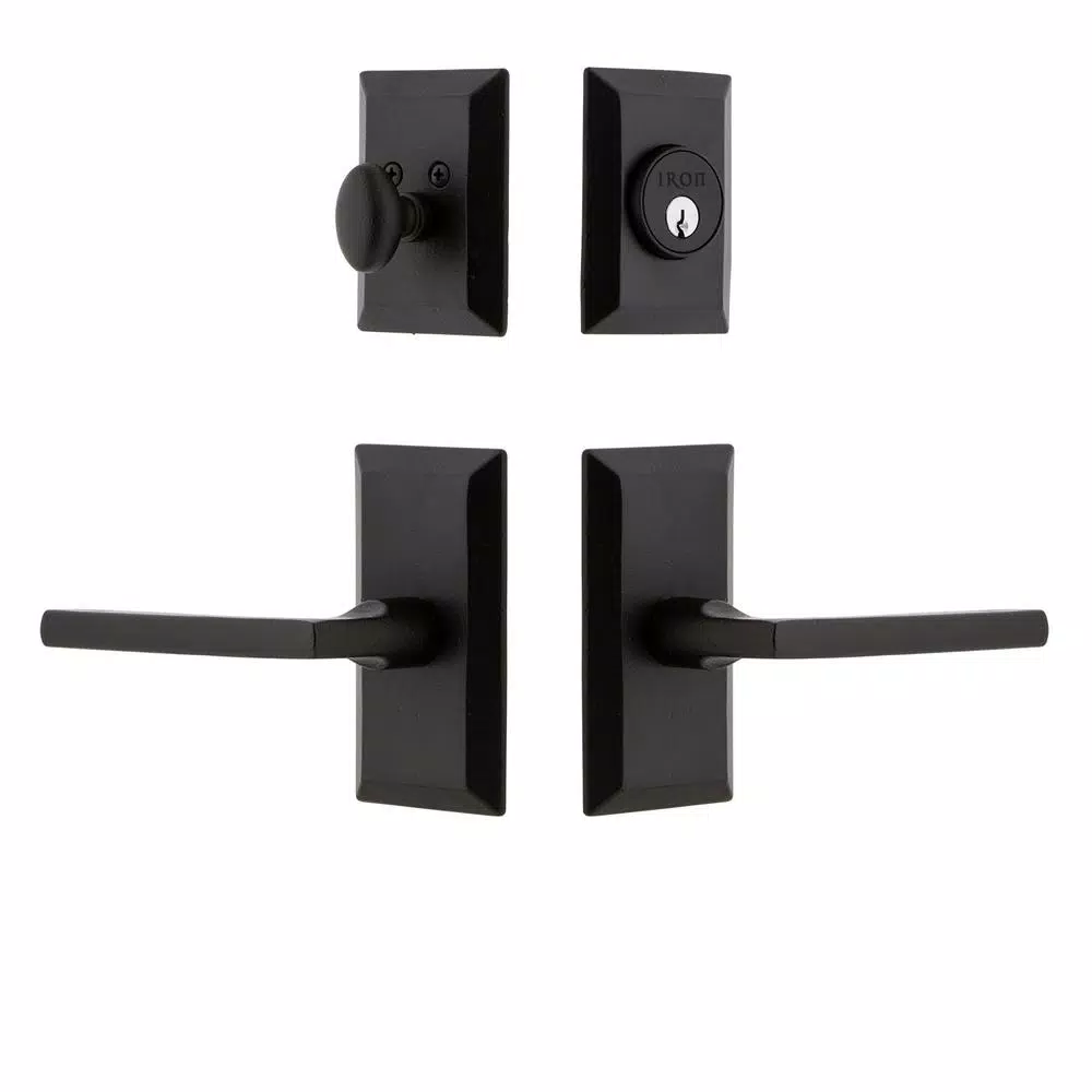 Unbranded Vale Black Iron Door Handleset Combo Pack with Dirk Lever and Matching Deadbolt