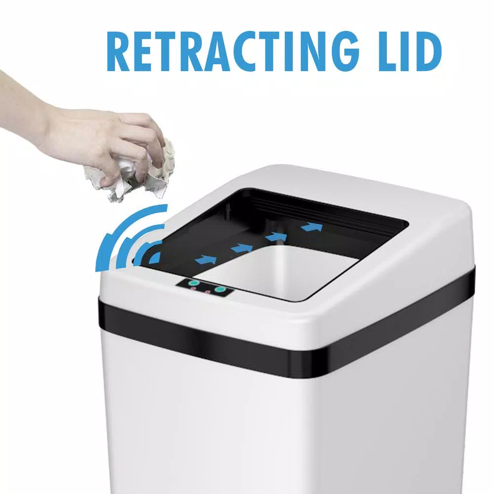 iTouchless 14 Gal. White Stainless Steel Touchless Motion Sensing Trash Can with Space-Saving Sliding Lid