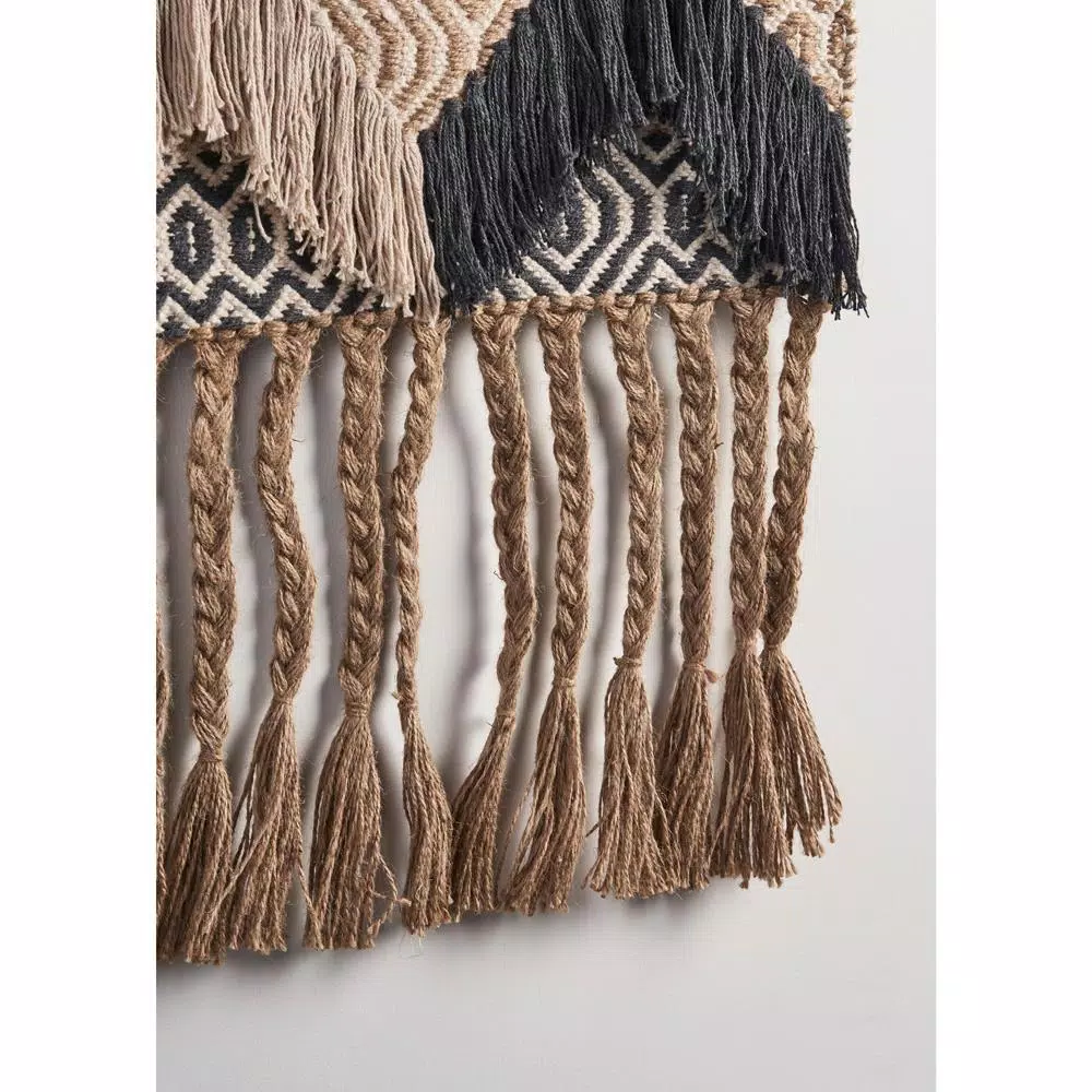 LR Home Trellis Beige and Charcoal Geometric Braided Fringed Wall Tapestry
