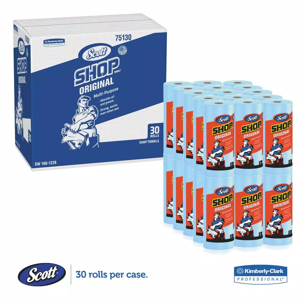 Scott Shop Towels Standard Blue Utility Rolls, 10.4 x 11 in, 30 Rolls per Carton