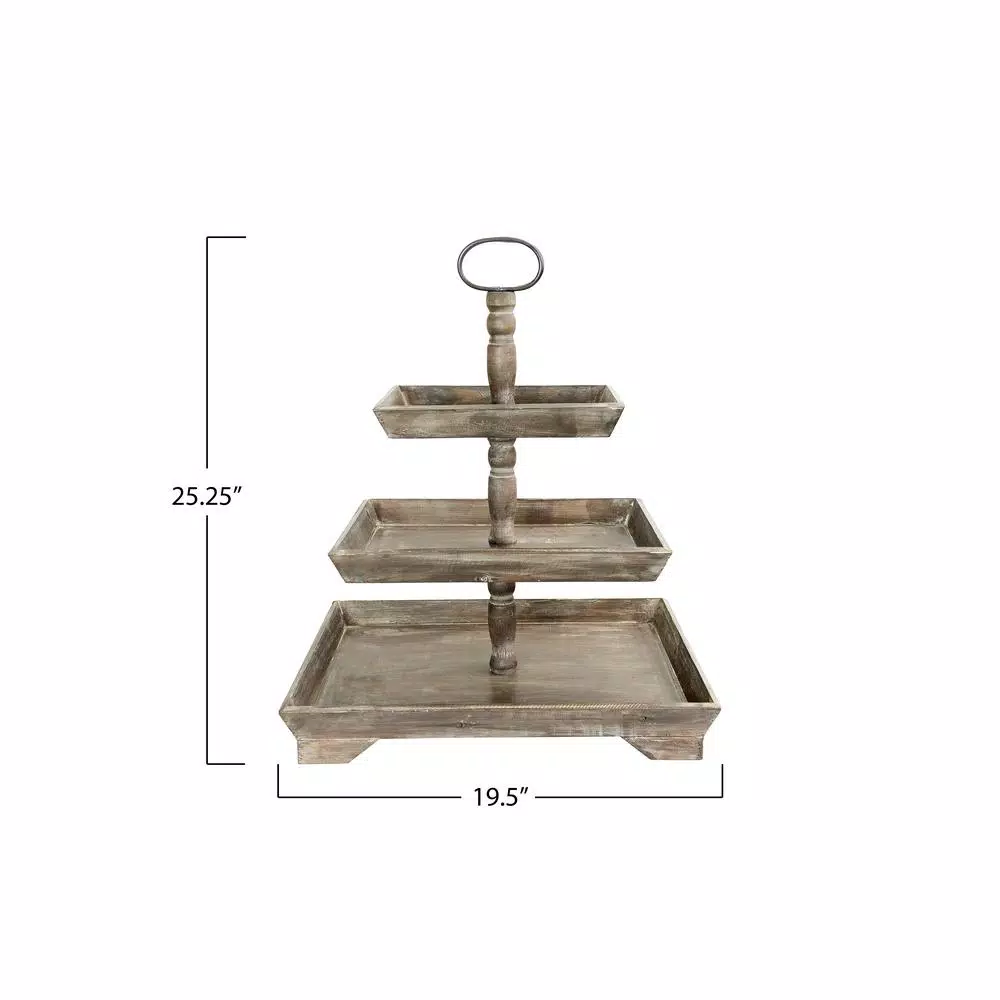 3R Studios Rustic Brown 3-Tier Decorative Tray with Metal and Fir Wood Construction