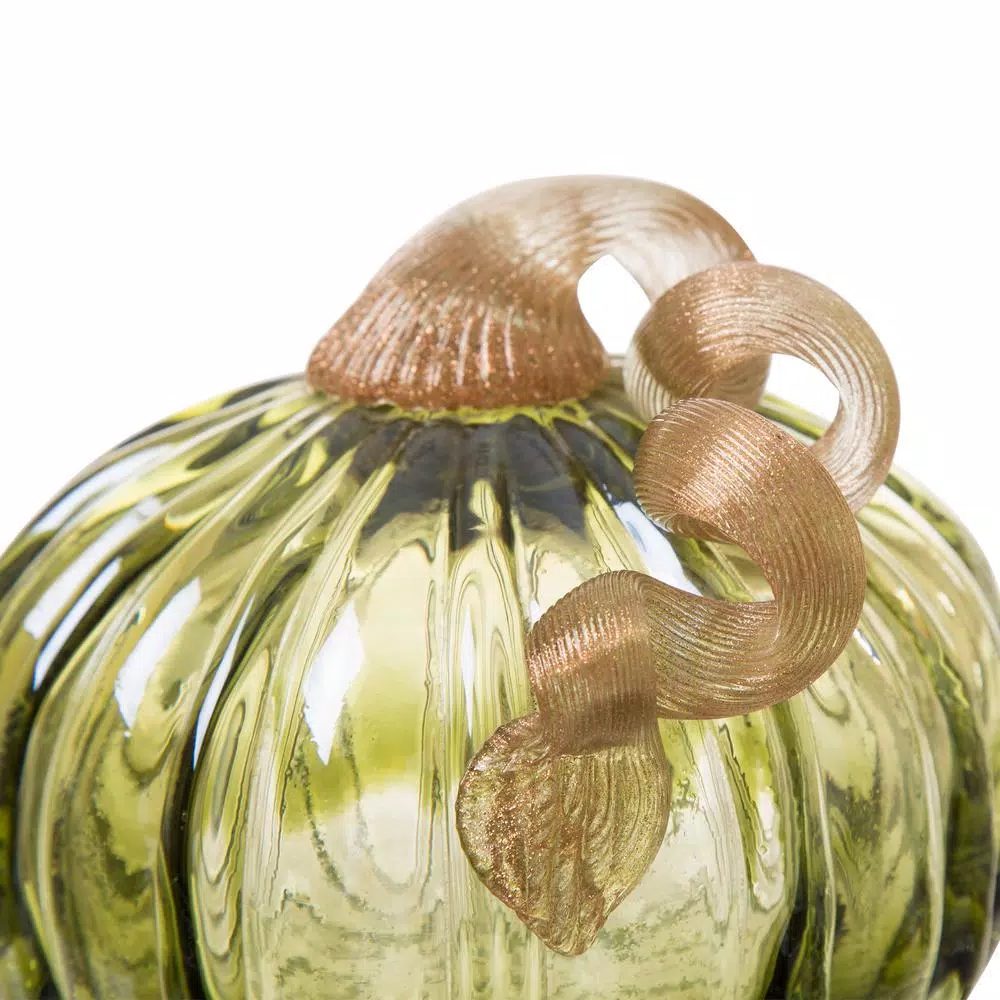 Glitzhome Set of 2 Green and Amber Crackle Glass Short Pumpkins, 4.72 in. Handmade Fall Decor