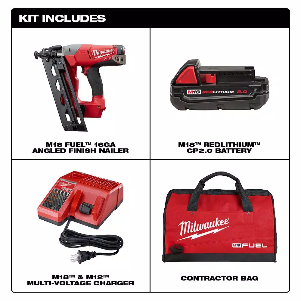 Milwaukee M18 FUEL 16-Gauge Angled Finish Nailer Kit with 2.0 Ah Battery, Charger & Bag