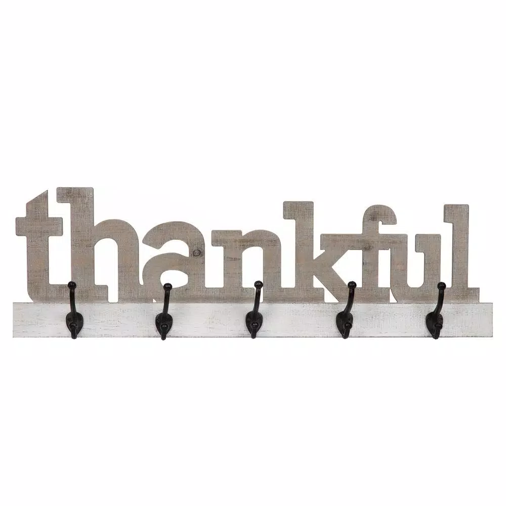 Pinnacle Rustic Thankful Gray Wood Decorative Wall Sign with 4 Metal Hooks