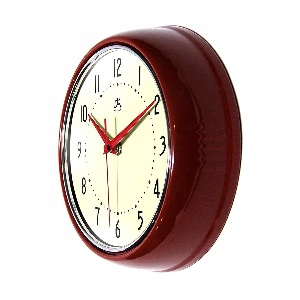 Infinity Instruments 9.5 in. Red Retro Round Metal Wall Clock