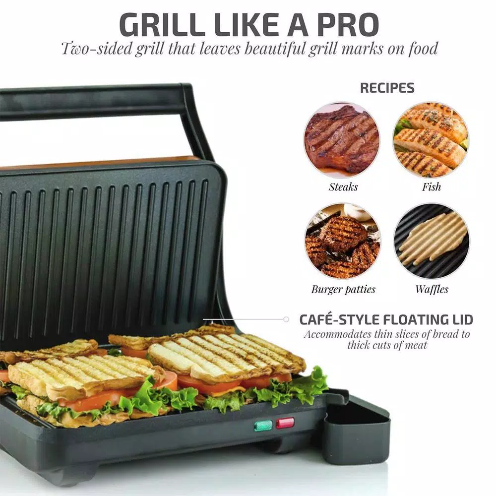 Ovente 1000W Copper Electric Panini Press Grill, 2-Slice Sandwich Maker with Drip Tray