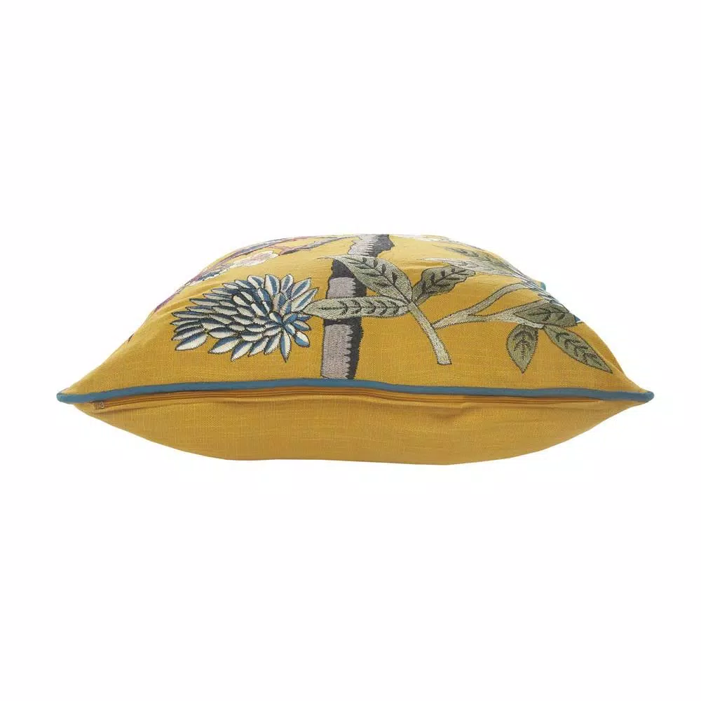 LR Home Scenic Yellow Floral Birds Throw Pillow - 20 x 20 in. Cotton Square Accent Pillow