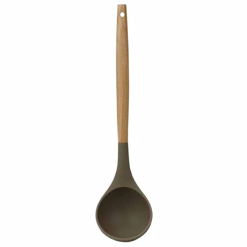 Home Basics Karina Grey Silicone Ladle with Easy Grip Beech Wood Handle, Heat Resistant & Non-Stick Safe