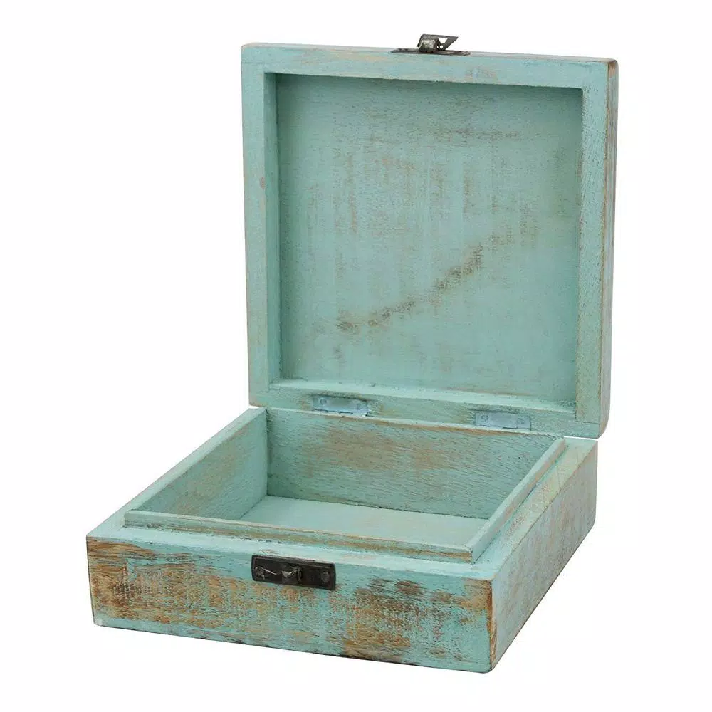 Stonebriar Collection 6 in. Weathered Sky Blue Wooden Trinket Box with Hinged Lid and Carved Floral Design