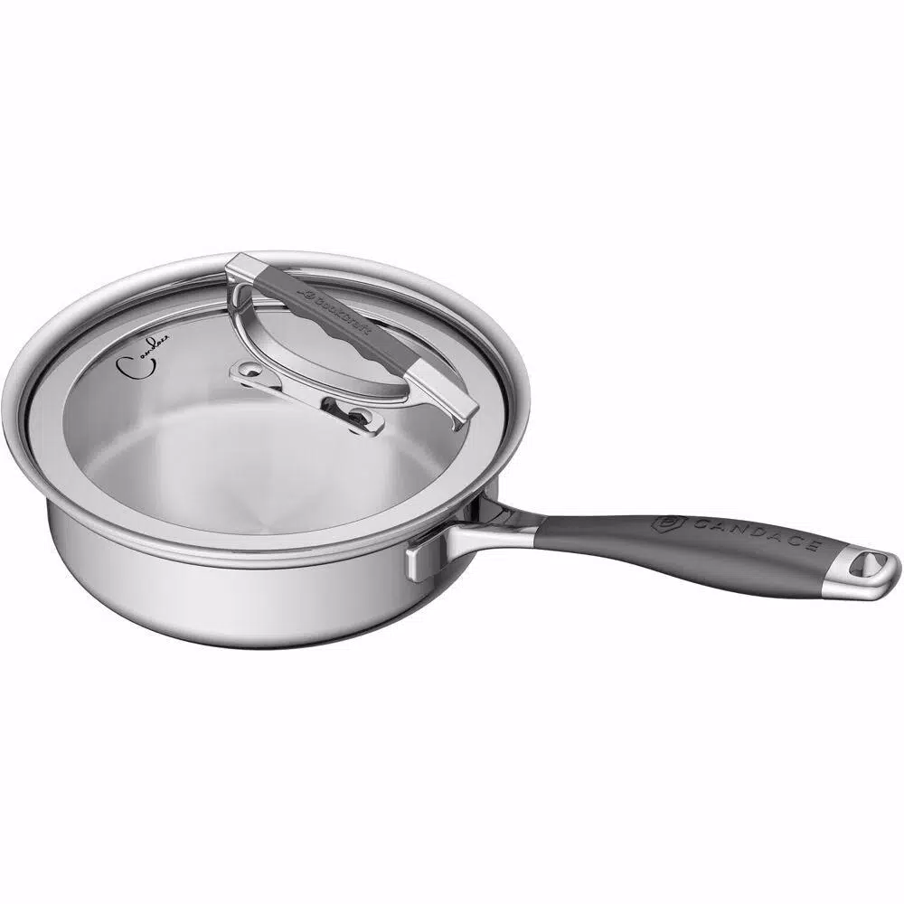 CookCraft by Candace 1.25 qt. Tri-Ply Stainless Steel Saute Pan with Patented Latch Glass Lid