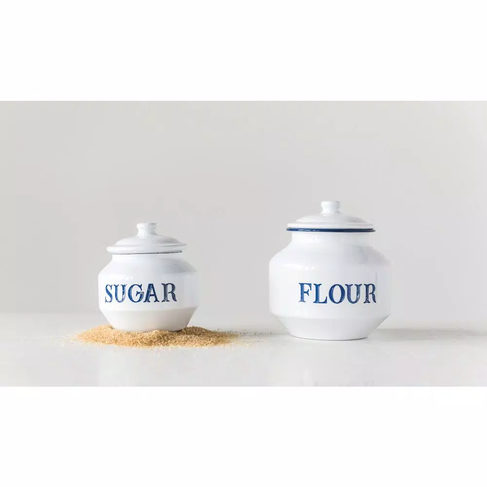 3R Studios Enameled Metal Flour Canister with Lid, Blue and White Classic Kitchen Storage