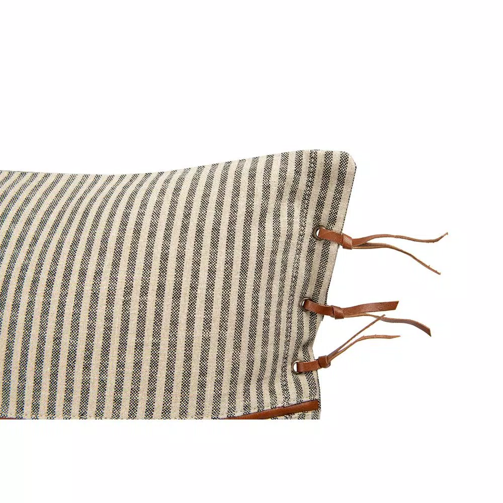 3R Studios Black & Beige Striped Cotton Ticking Lumbar Throw Pillow with Leather Trim, 24 x 16 in.