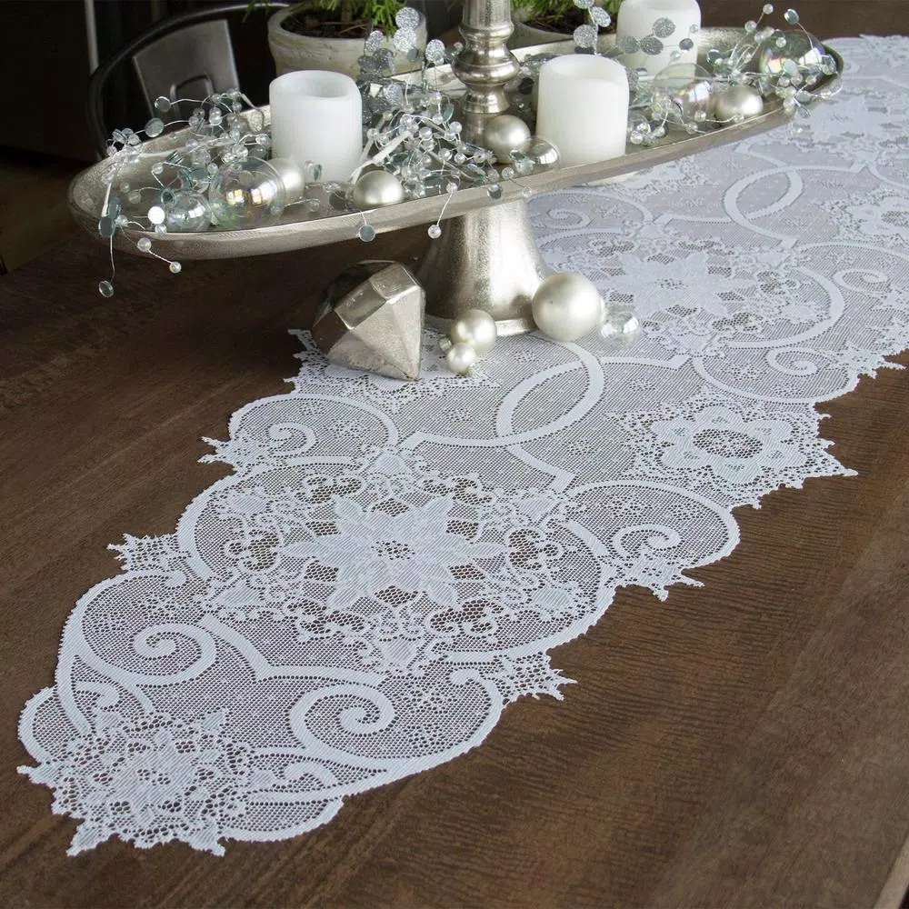 Heritage Lace Snowflake White Floral Polyester Lace Table Runner, 19 in. x 65 in.