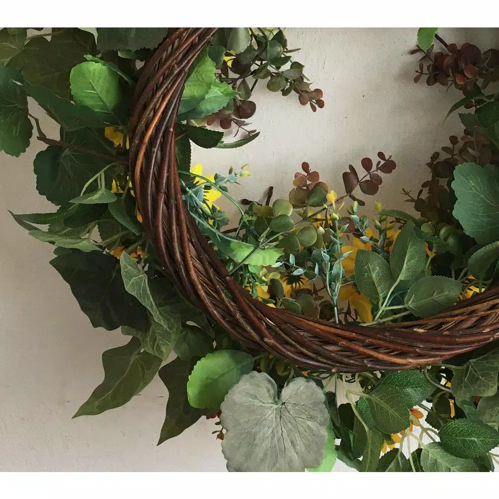 Glitzhome 24 in. Artificial Sunflower Wreath with Greenery and Grapevine Base